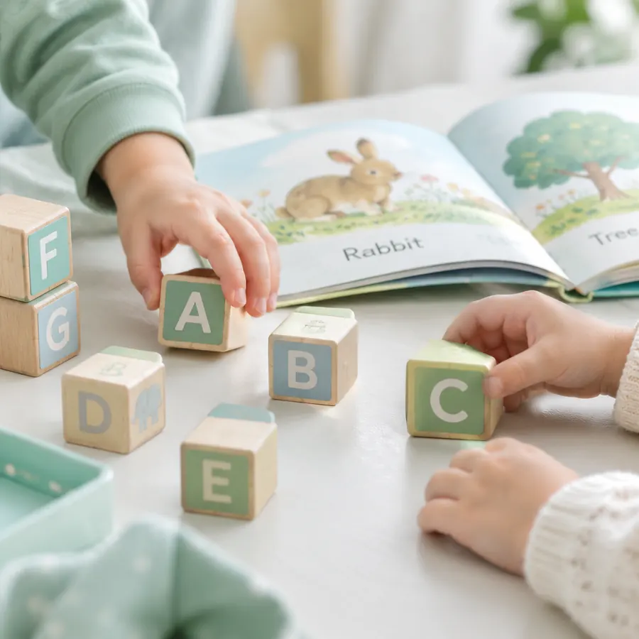 Mains d’enfants manipulant des cubes alphabet et un album illustré