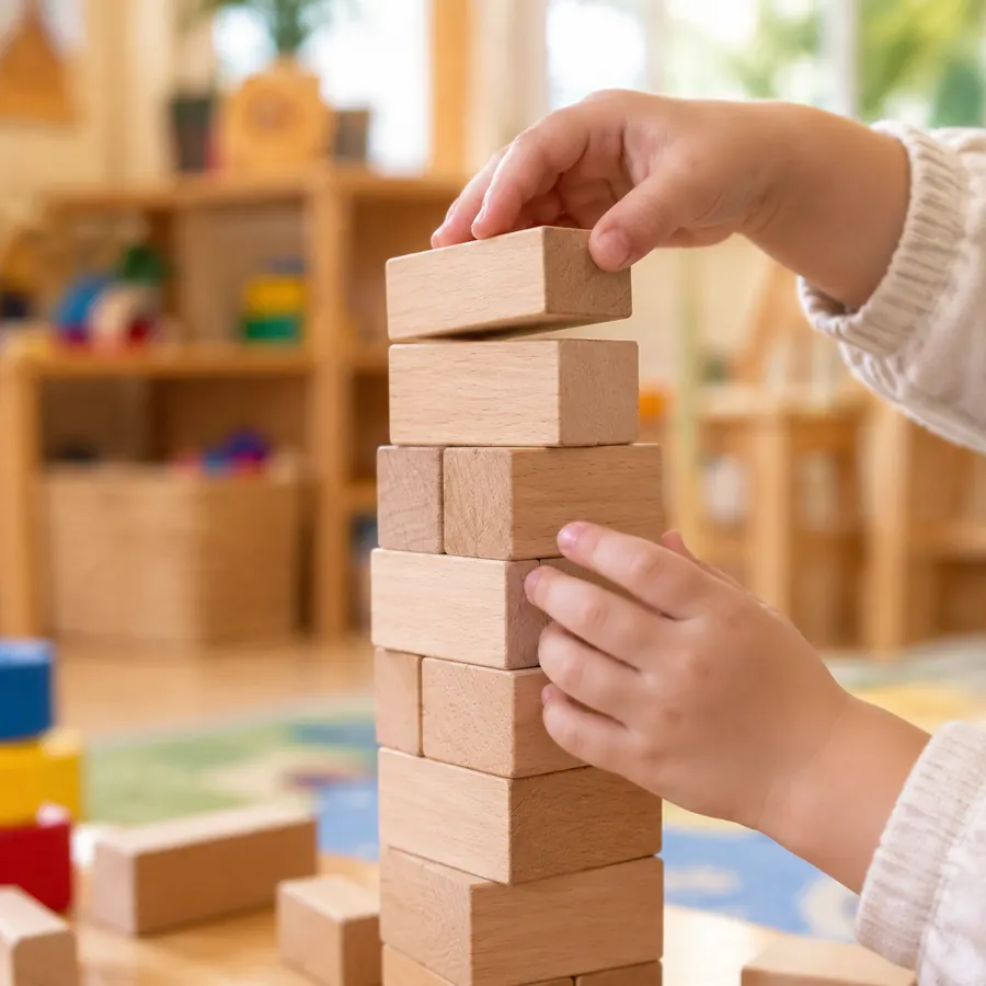 Créativité & résolution de problèmes Petites mains assemblant une grande tour en cubes de bois